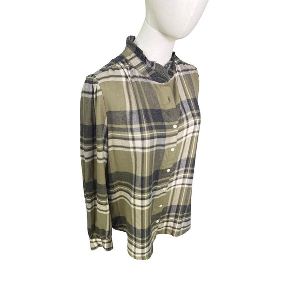 Ann Taylor Weekend Ruffle Collar Green Gray Plaid Soft Flannel Shirt Size M - Picture 7 of 8